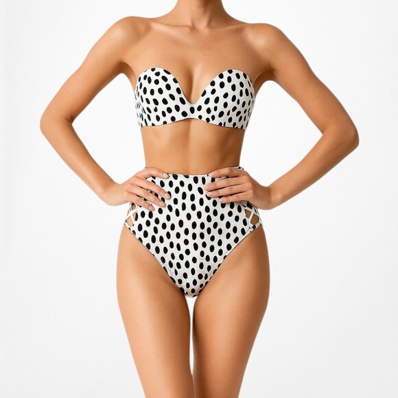 White Black Polka Dot High Waisted Cutout Strapless Two Piece Swimsuit Size XS/S - Picture 1 of 6